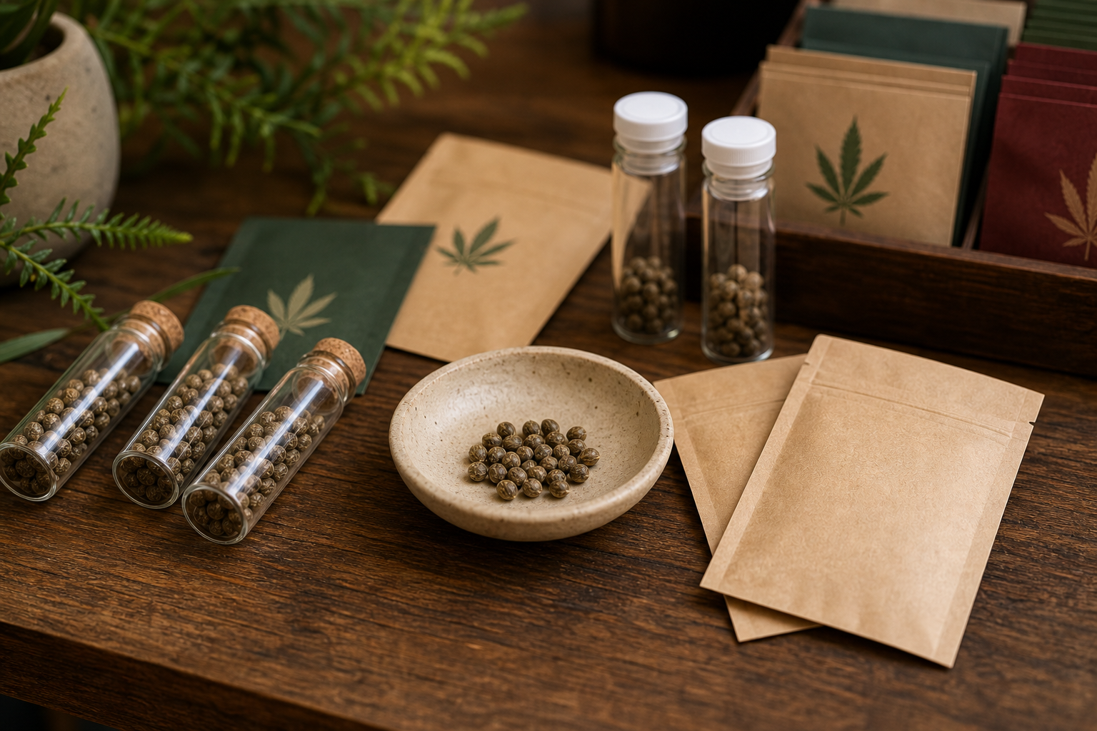 Cannabis seeds in glass vials, a ceramic dish, and paper seed envelopes on a wooden counter