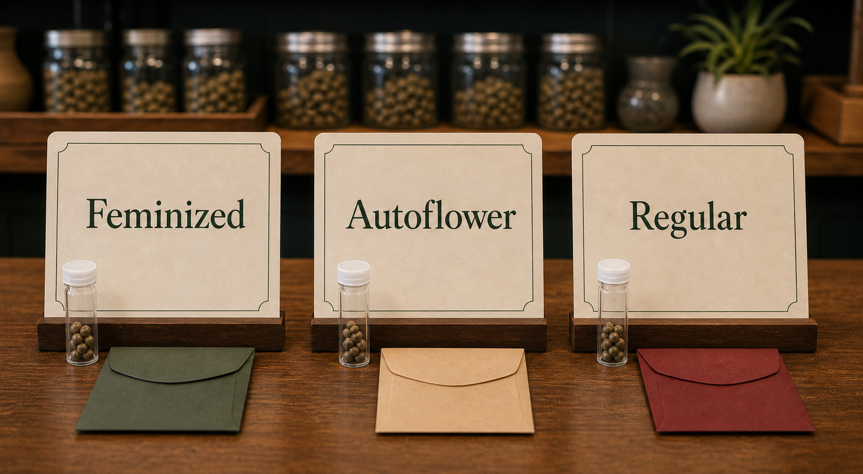 Comparison cards labeled feminized, autoflower, and regular cannabis seeds